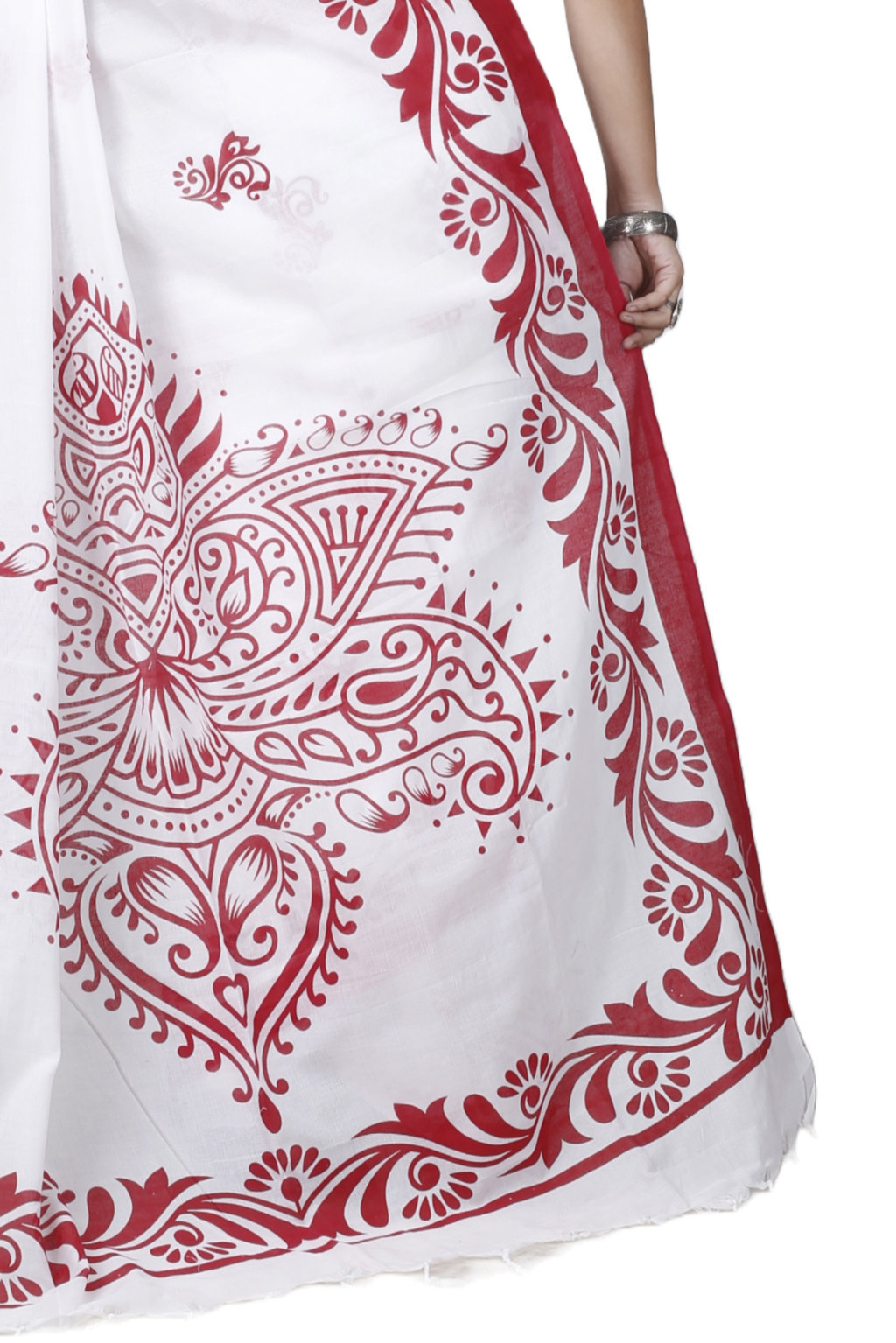 White Pure Cotton Teba Printed Handloom Saree (1261)